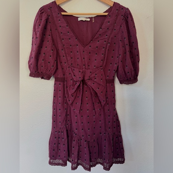 LoveShackFancy Dresses & Skirts - LOVESHACKFANCY Lena Burgundy Puff Sleeve Dress with Bow Detail Spice Small